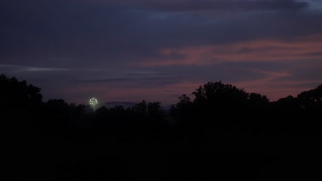 Funkelnde-Helle-Kugel-Aus-Feuerwerk-Explodiert-In-Der-Abenddämmerung-Am-Himmel-Mit-Waldbaumsilhouette-Davor