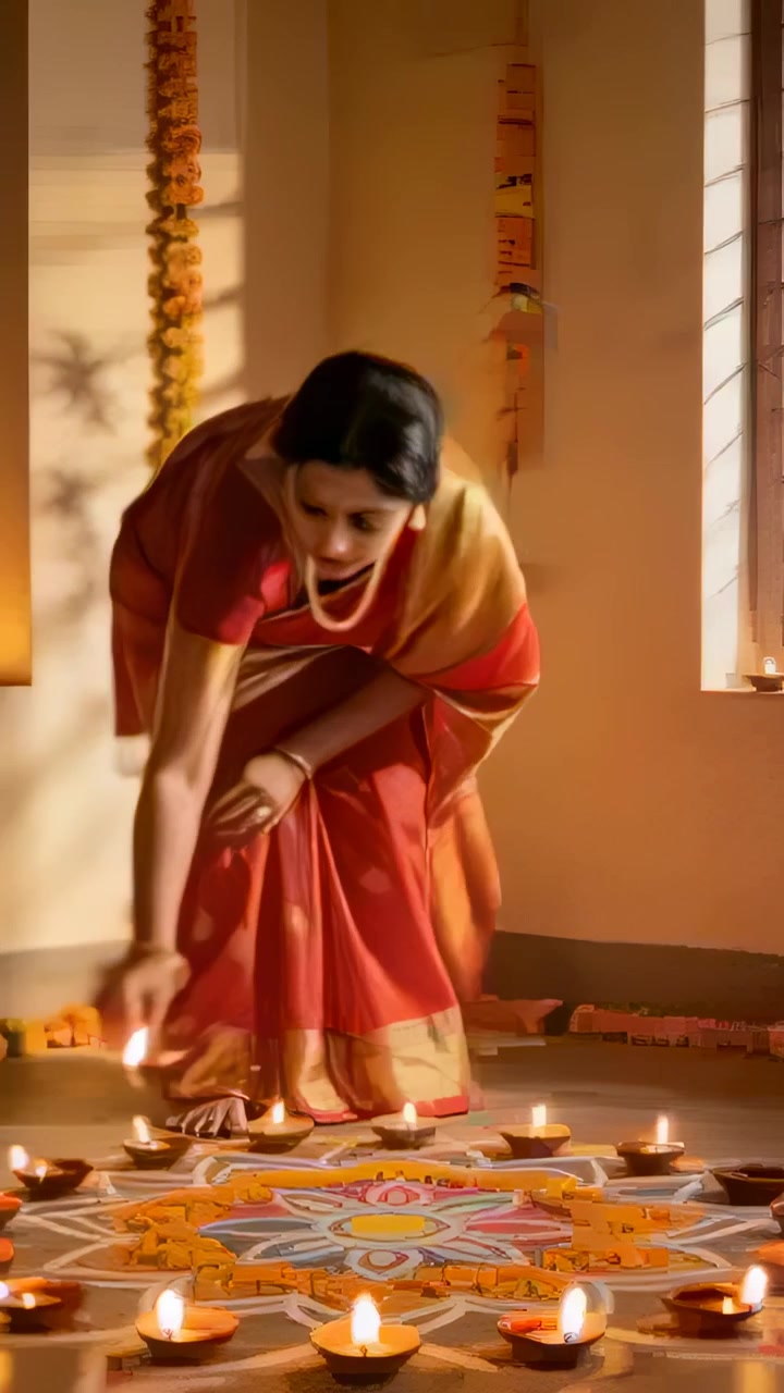 Vertical video: Bending woman in red saree lighting diyas around rangoli at home for ritual