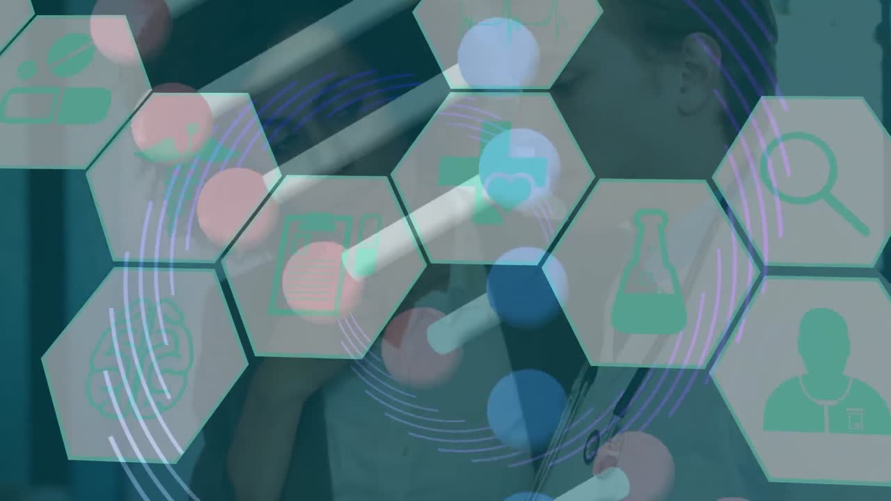 육각형, dna 나선 및 원 패턴의 아이콘의 애니메이션으로 다양한 의사들이 보고서를 논의합니다.