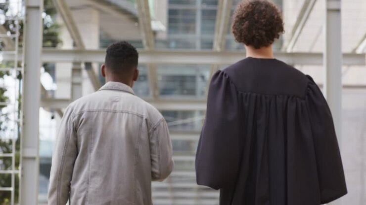 Diverse colleagues walking under glass canopy bonding over coffee after lawyer offering cup