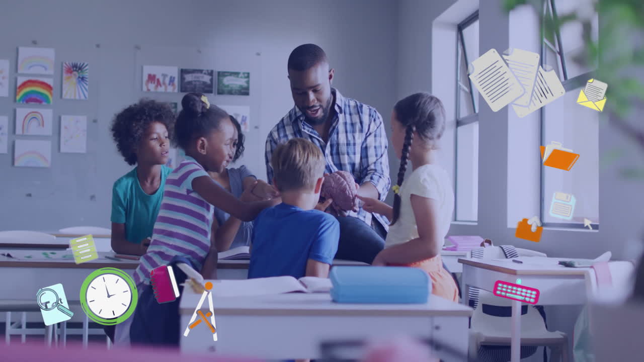 In school, teacher engaging with diverse students, surrounded by animation icons