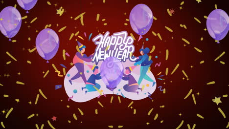 animation of happy new year text and family with purple balloons and confetti on dark red background