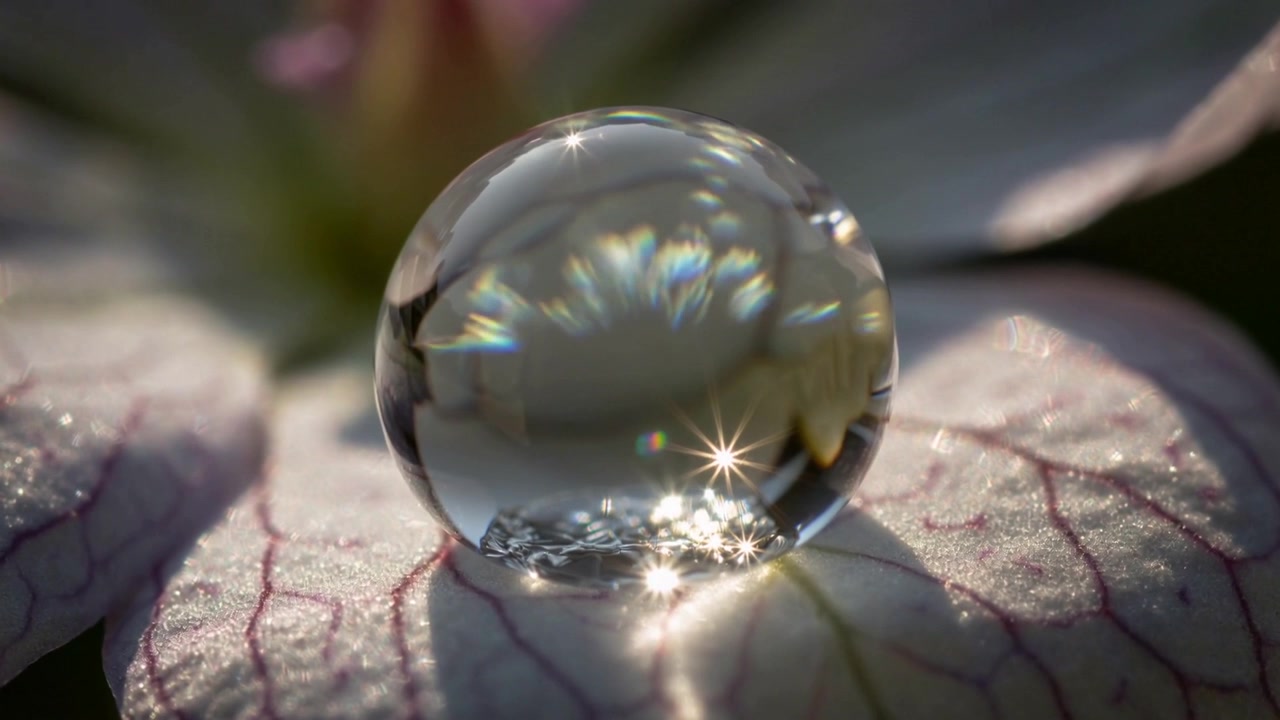 Shifting sunlight causing clear water droplet forming starburst and prismatic crown on veined petal