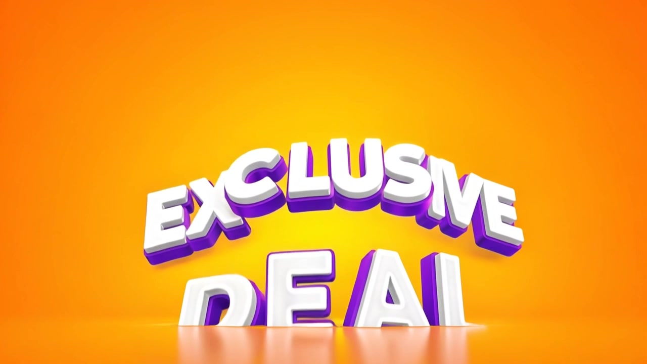 Animazione banner promozionale Offerta Esclusiva con tipografia 3D bianca su sfondo arancione