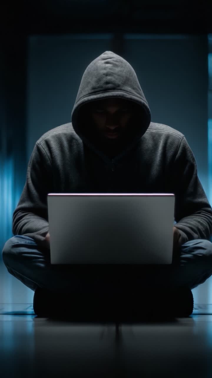 En mystisk figur i en hættetrøje fokuserer på en bærbar computer i et svagt oplyst rum, der oplyser ansigtet og afslører intensitet og koncentration på digitale opgaver.