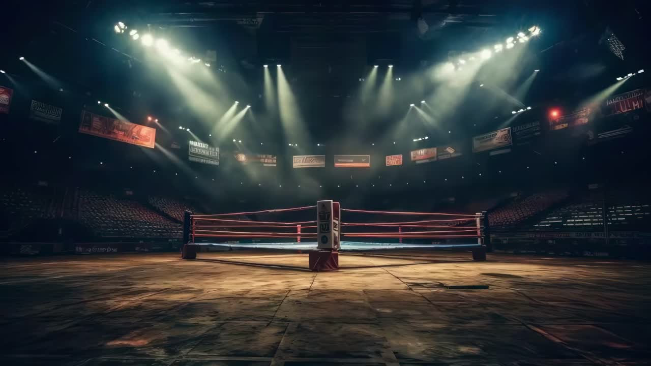 Ring de boxeo vacío en un estadio con poca luz. Ring de boxeo con focos. Estadio con asientos vacíos. Boxeo