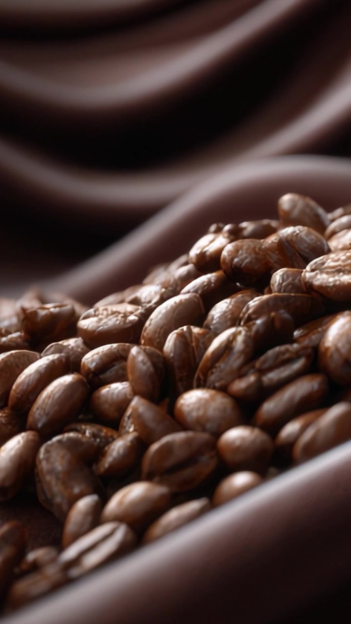 Un'esplorazione ravvicinata di chicchi di caffè lucidi adagiati su uno sfondo di tessuto setoso, che ne cattura la ricca texture e la bellezza naturale sotto la luce naturale.
