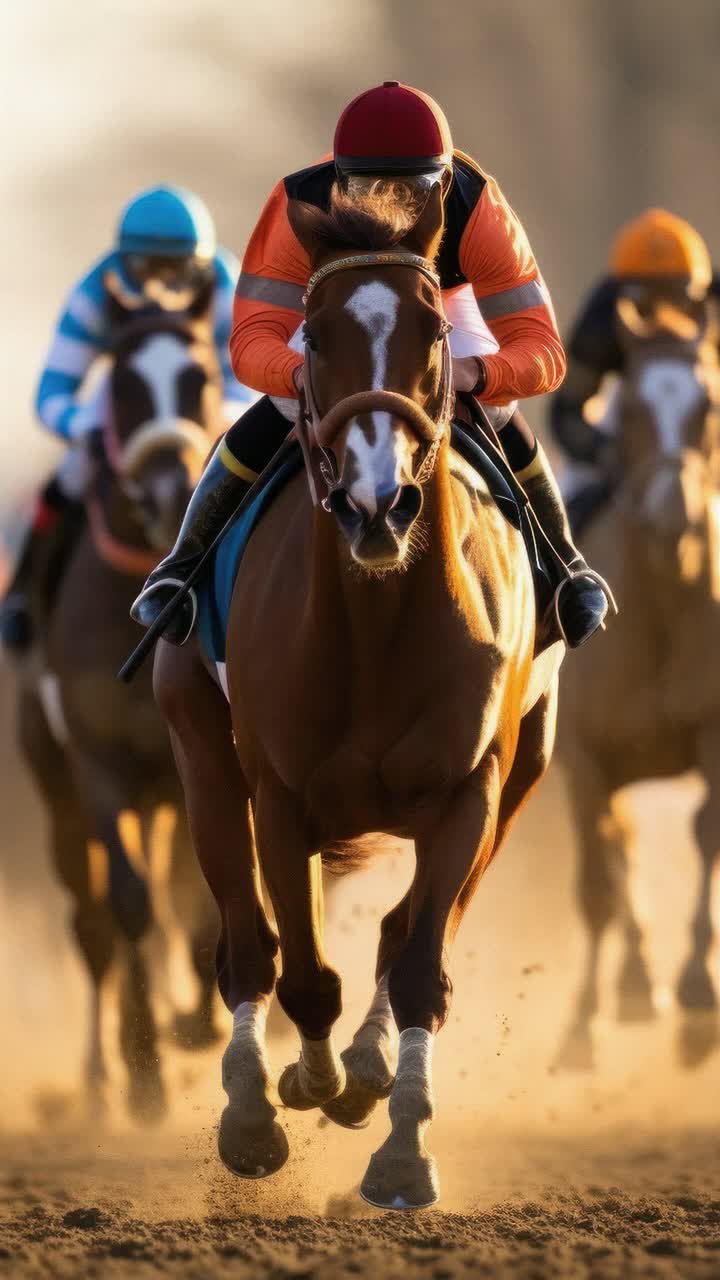 Dynamic low-angle shot of a horse race, capturing the energy and speed of the horses and jockeys