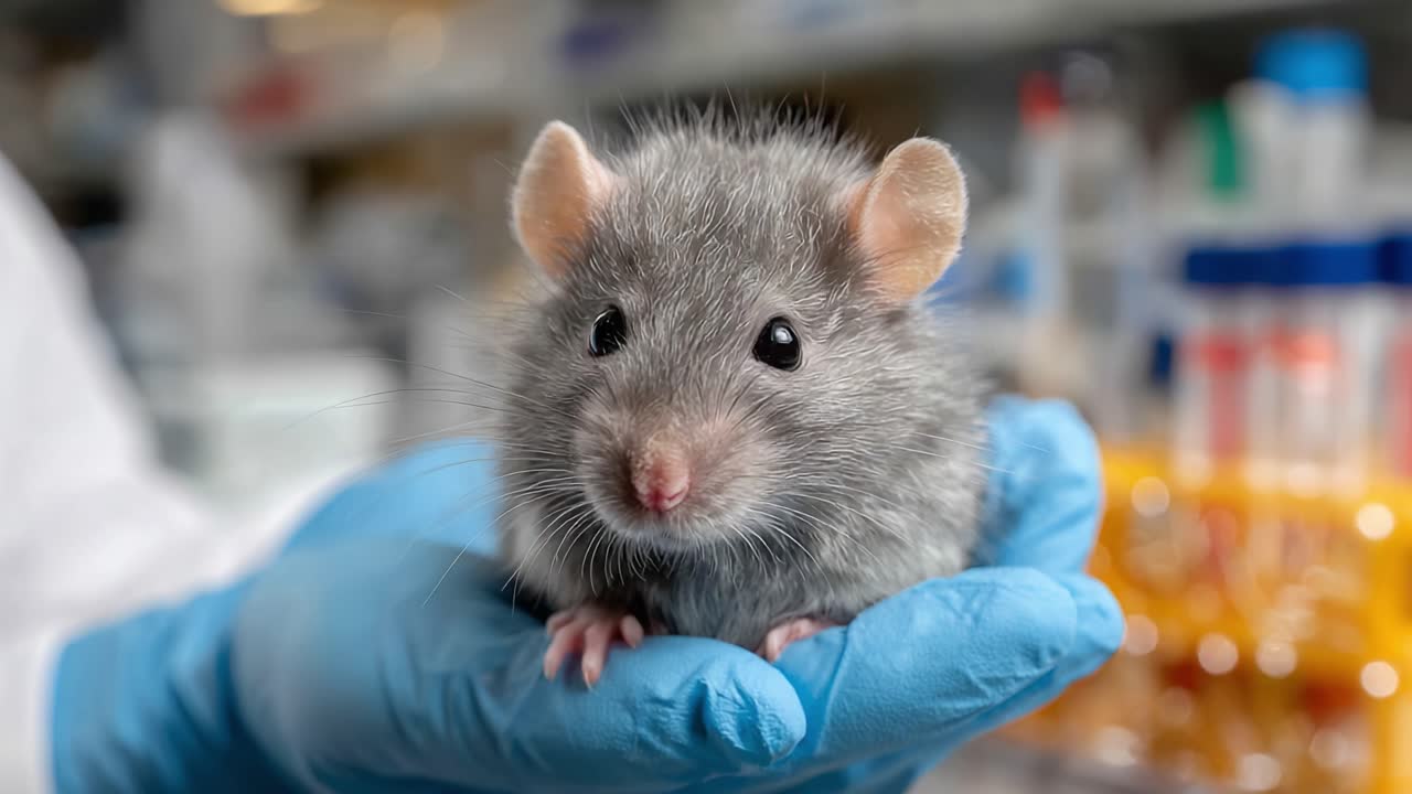 Un primo piano di un topo da laboratorio grigio tenuto delicatamente in una mano con guanto, che mostra le sue caratteristiche distintive su uno sfondo scientifico in un ambiente di ricerca