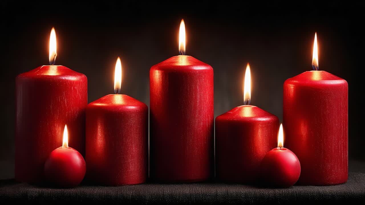 Una mostra affascinante di candele rosse illuminate in un ambiente scuro, che cattura l'essenza del calore, della serenità e della tranquillità con fiamme tremolanti che migliorano l'atmosfera
