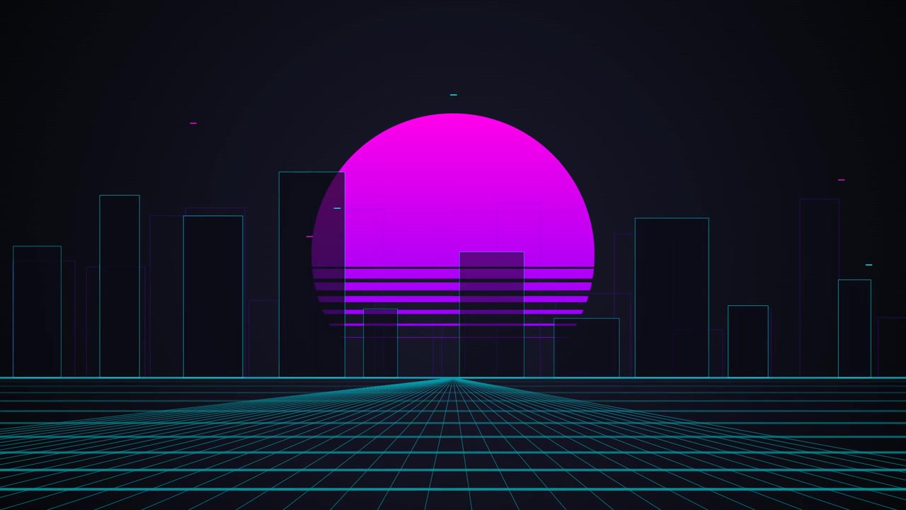 Paesaggio urbano in stile Retro Synthwave con sole viola splendente