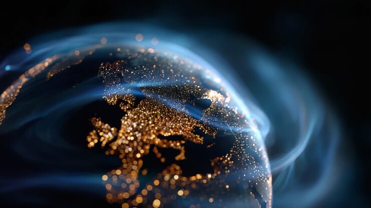 Una visualizzazione mozzafiato della Terra con particelle luminose e turbinii di luce avvolgenti che catturano la bellezza del nostro pianeta da una prospettiva unica
