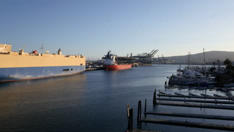 large cargo ships and docks in a commercial port
