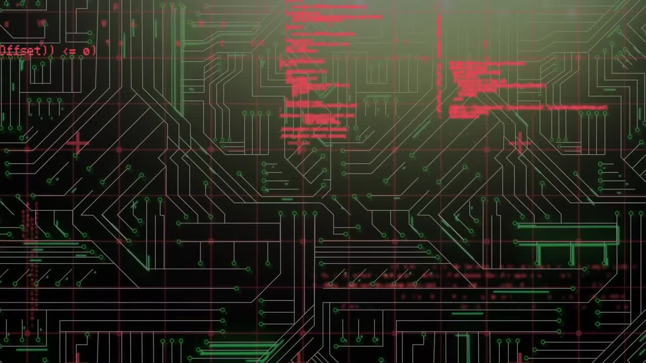 Digital animation of data processing against microprocessor connections on black background