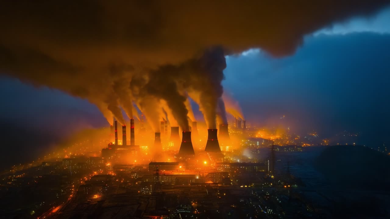 Vista aerea di un complesso industriale che emette fumo scuro e bagliore arancione sotto un cielo nuvoloso minaccioso, evidenziando l'inquinamento e le sfide ambientali