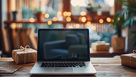 laptop and gift on a festive wooden table with bokeh lights