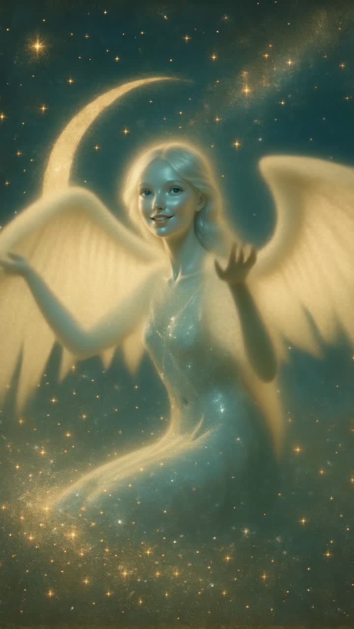 Ethereal fairy with translucent wings kneels in a starry night