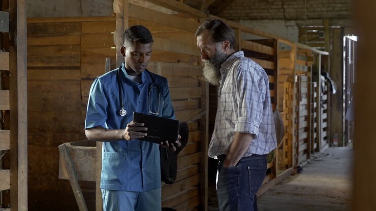 Veterinarian and farmer handshaking