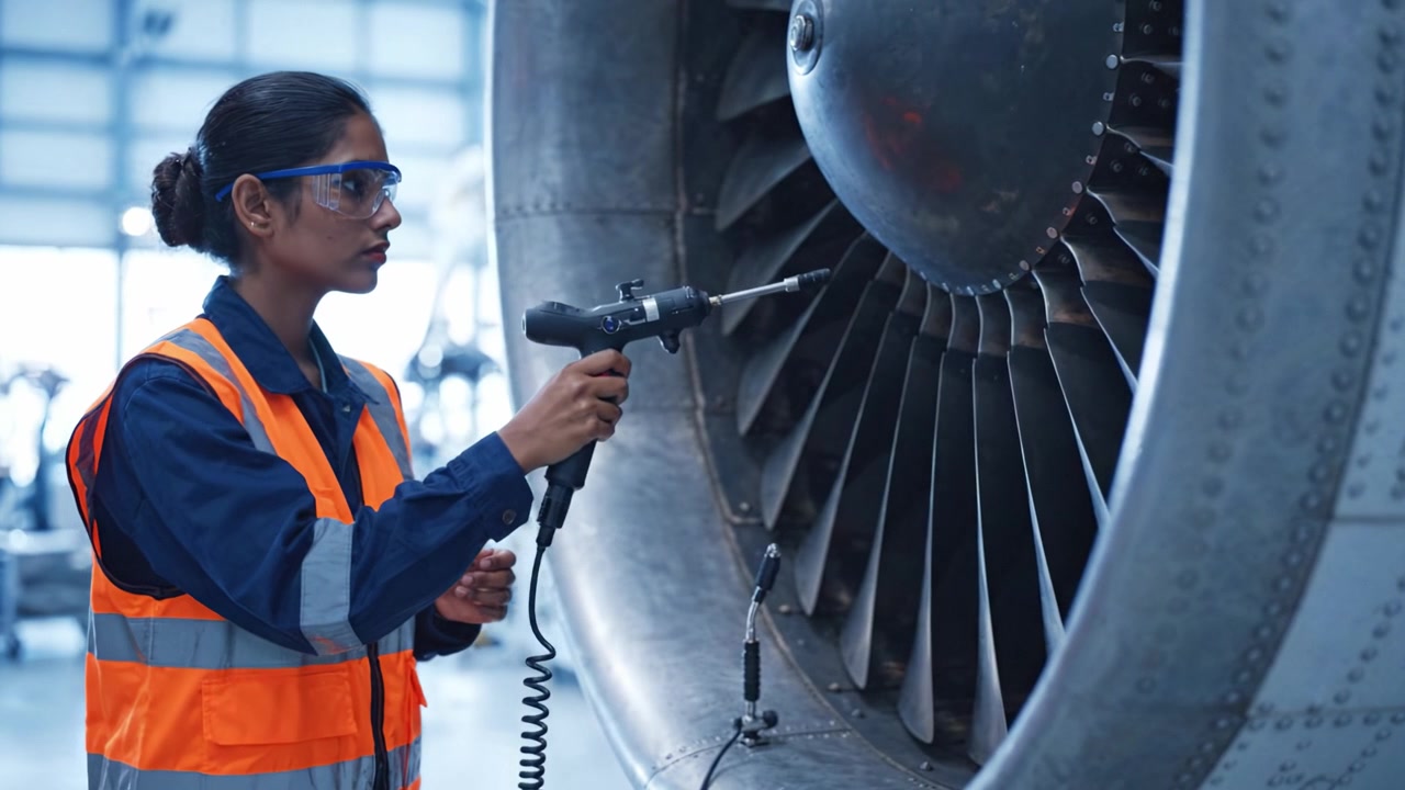 A technician inspects a jet engine, demonstrating precision and expertise in aircraft maintenance, highlighting the importance of aviation safety and engineering skills.