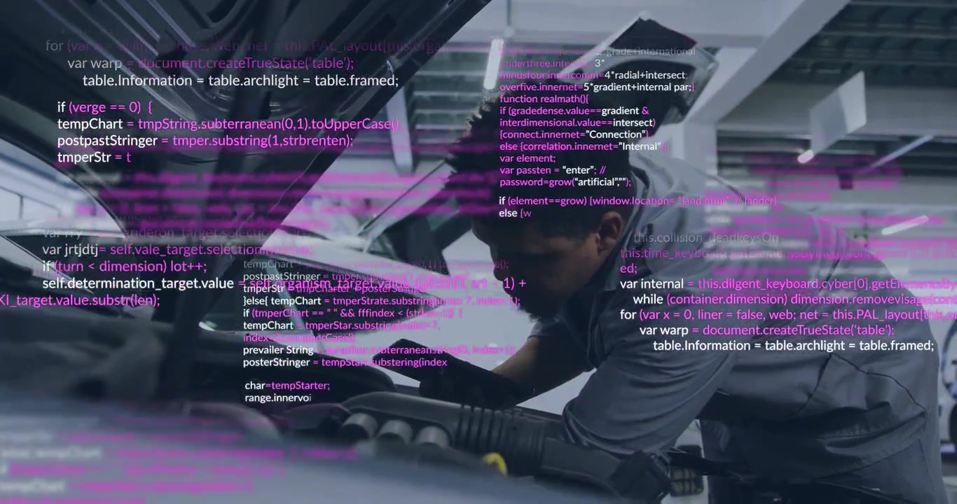 Auto tech leaning over engine bay using tablet, activating magenta-white overlay checking faults