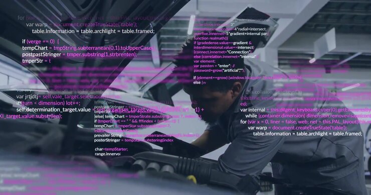 Auto tech leaning over engine bay using tablet, activating magenta-white overlay checking faults