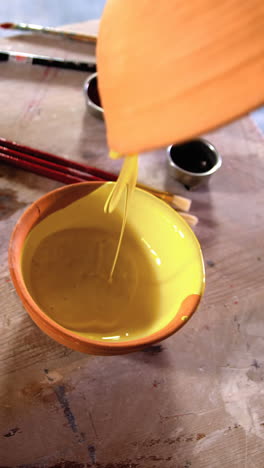 male potter pouring watercolor in bowl at pottery workshop