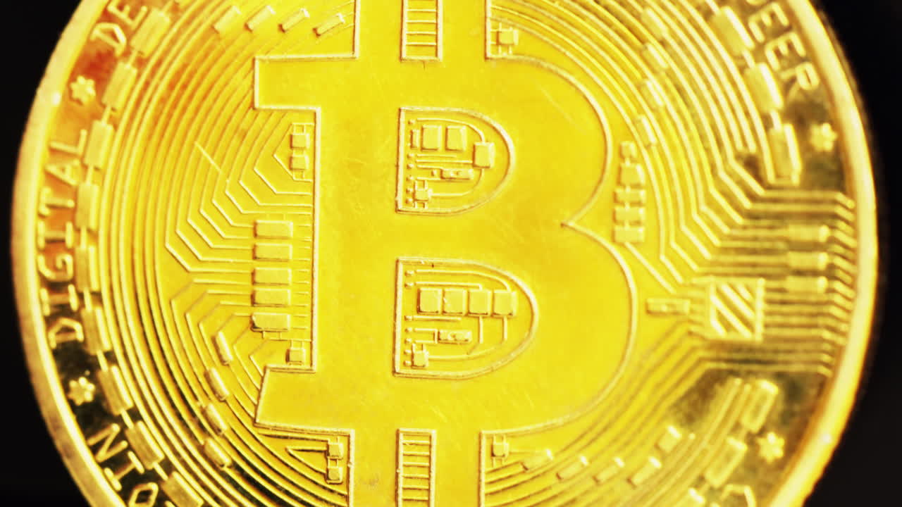 Close up macro golden bitcoin crypto currency blockchain