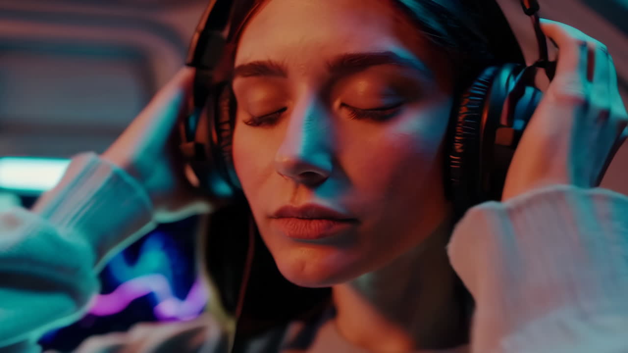 mujer jugando en una moderna sala de cyber-punk