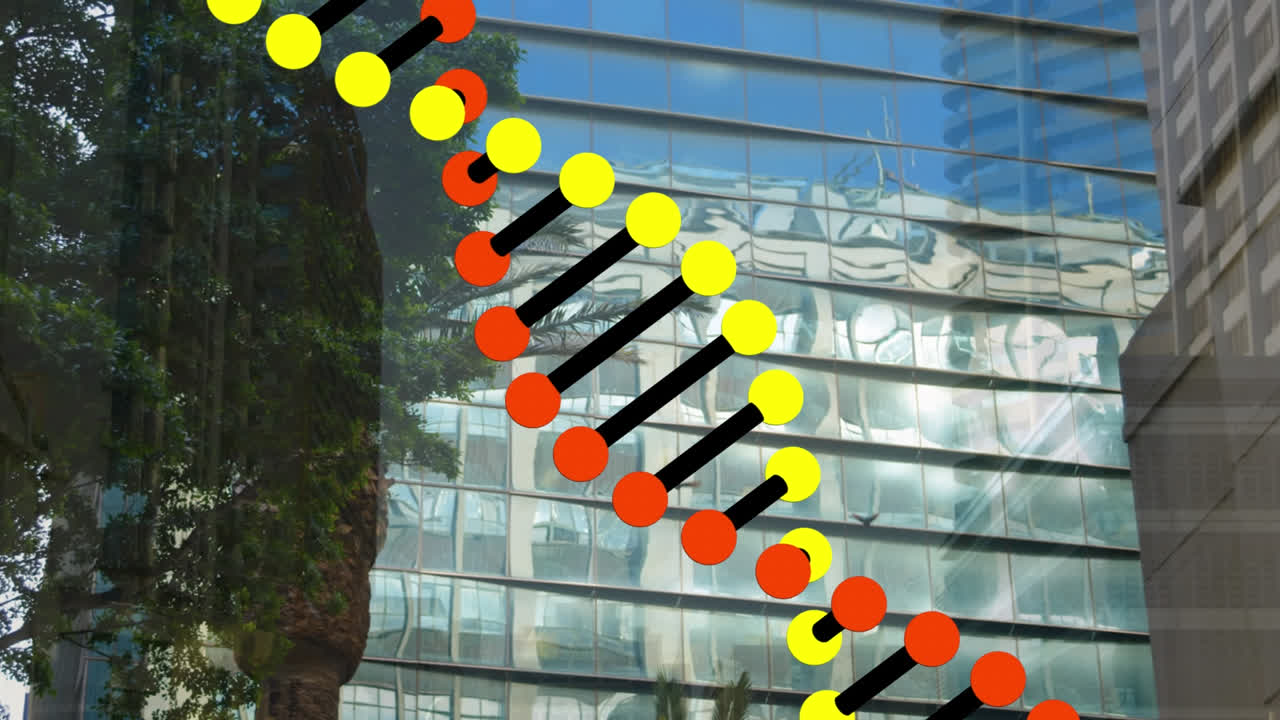 도시 풍경 위의 dna 가닥의 애니메이션