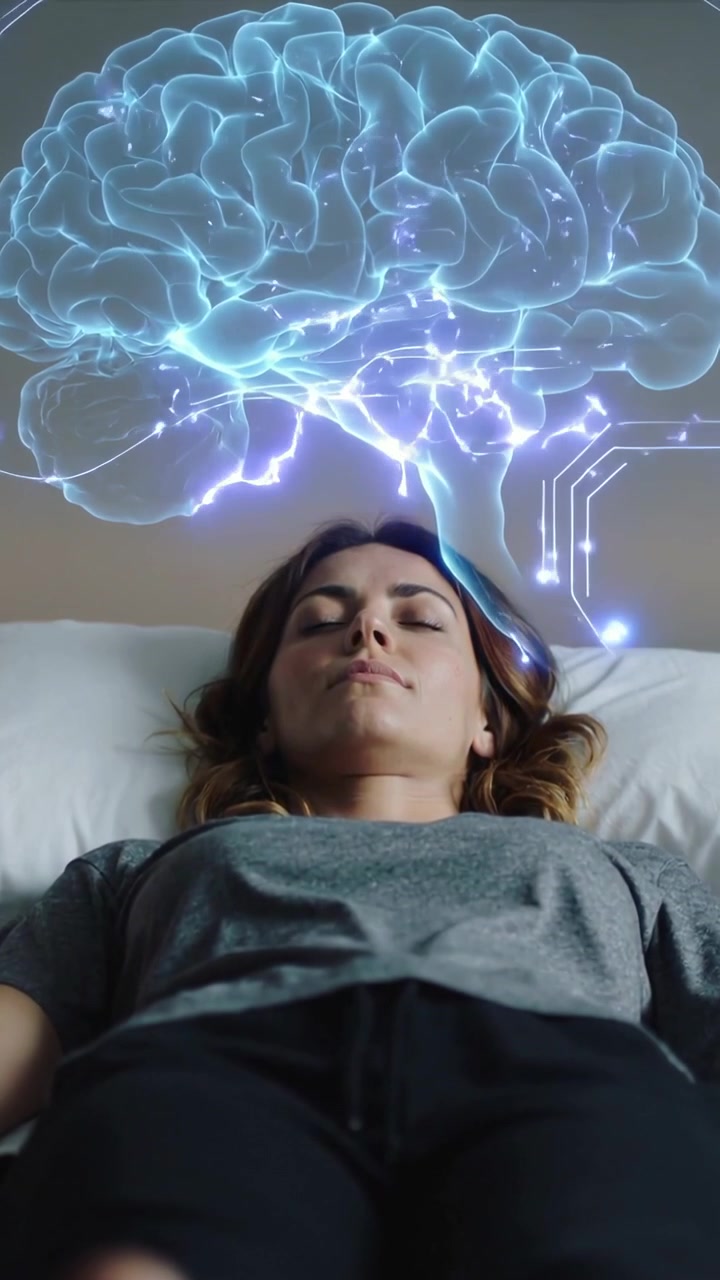 Video verticale: Donna sdraiata con un ologramma che si forma sopra la testa sul letto per studio, con un sensore che si attiva.
