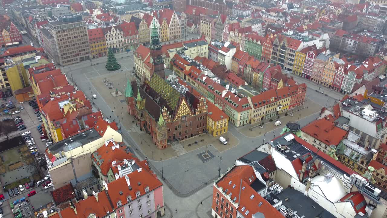 Wroclaw Market Square from above with town hall and colourful buildings - Poland