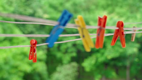 multi-colored clothespins sway in the wind on the clothesline.