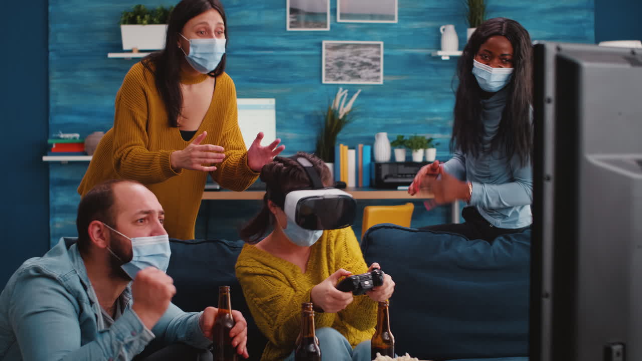 Woman experiencing virtual reality playing video games with vr headset