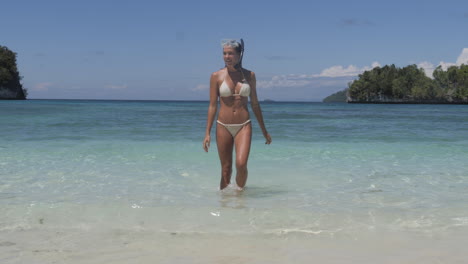 mujer en bikini buceando en una playa tropical
