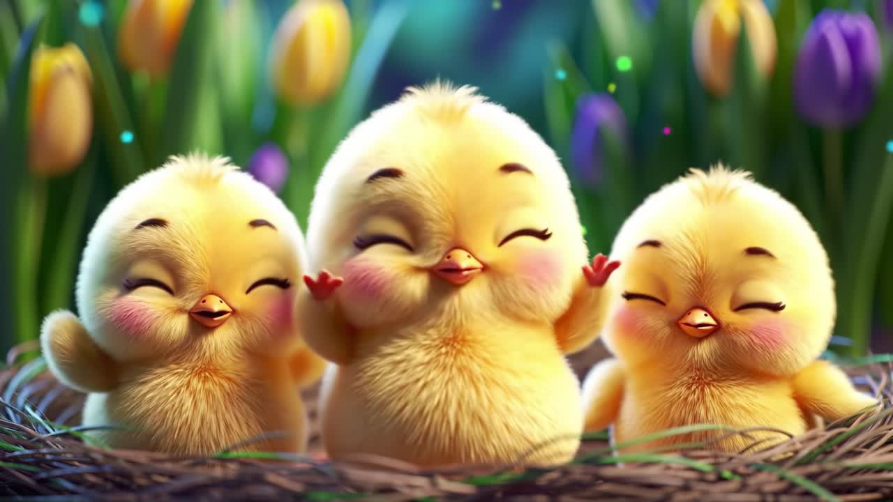 A delightful trio of cheerful, fluffy baby chicks nestled in a cozy nest, surrounded by vibrant flowers, embodying joy and warmth in a colorful spring setting.