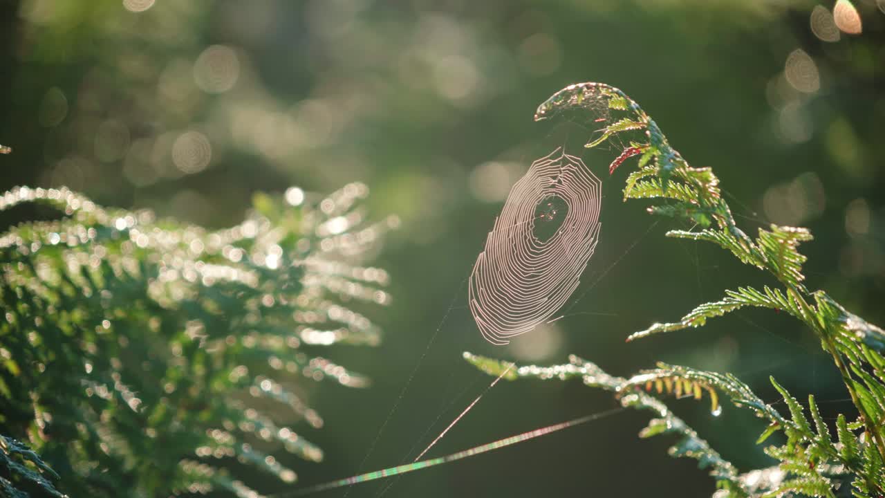 Ragnatela intricata tra piante estive - Primo piano.