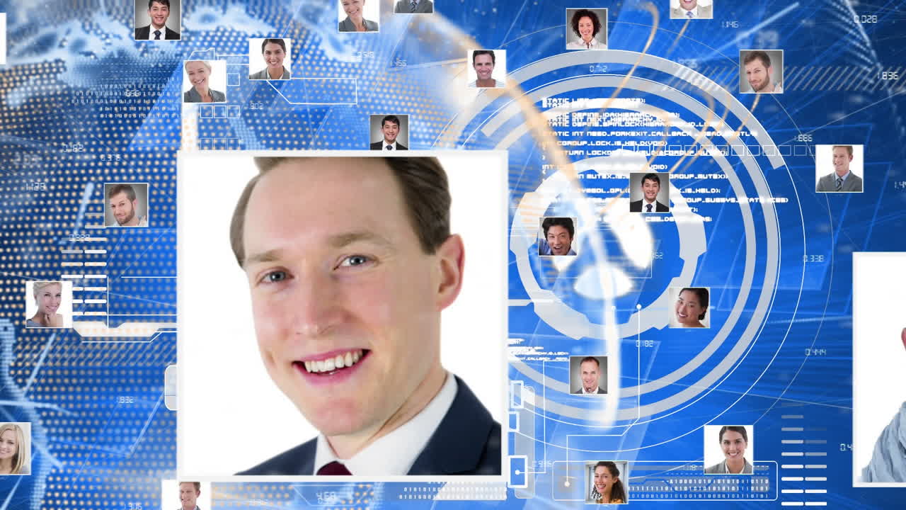 스 ⁇  스캐닝과 파란색에 데이터 처리를 통해 사람들의 초상화의 회전 지구의 애니메이션