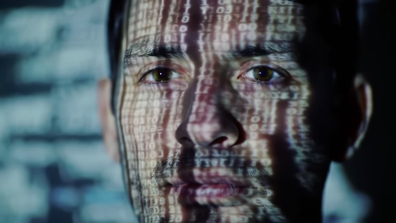 A Close-Up of a Pensive Individual with Coding Patterns Projected on Their Facial Features, Highlighting Themes of Technology, Data, and Reflection on Digital Life