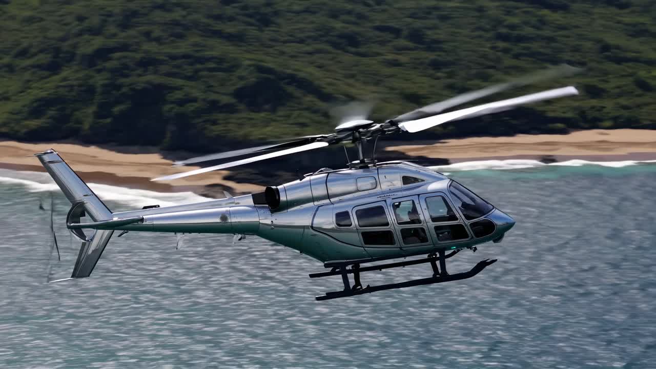 Luftvideooptagelse af en helikopter, der flyver over turkise vande, fanget fra en høj vinkel.