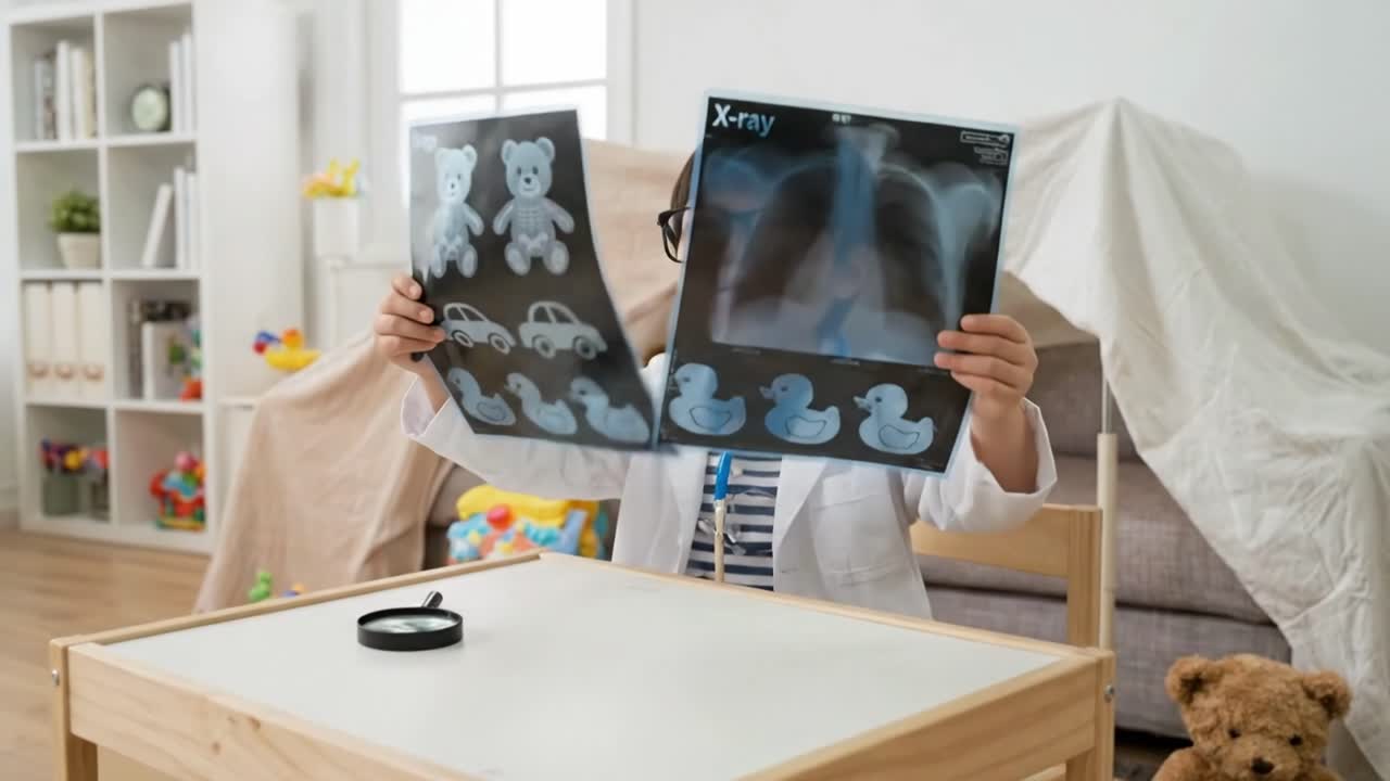 Young Boy Playing Doctor Examining X-ray Images at Home