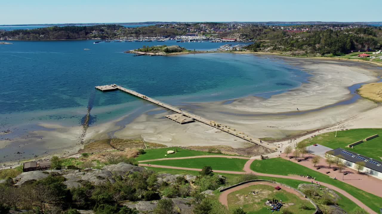 Aerial view of Askimsbadet beach, Gothenburg, sunny day, tranquil scene