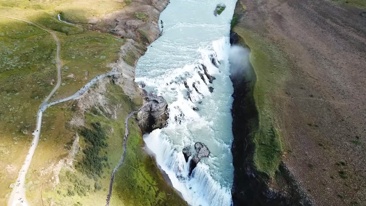 A breathtaking aerial perspective of Gullfoss waterfall in Iceland, with powerful cascades cutting through a dramatic canyon surrounded by vast open landscapes and winding river paths