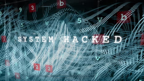 System hacked text animation over abstract digital lines and numbers