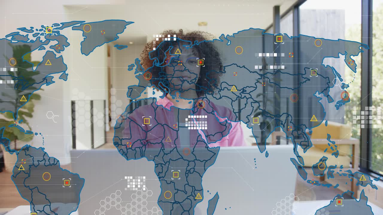 Incoming data feed activating animated world map, woman adjusting specs and analyzing tech risks
