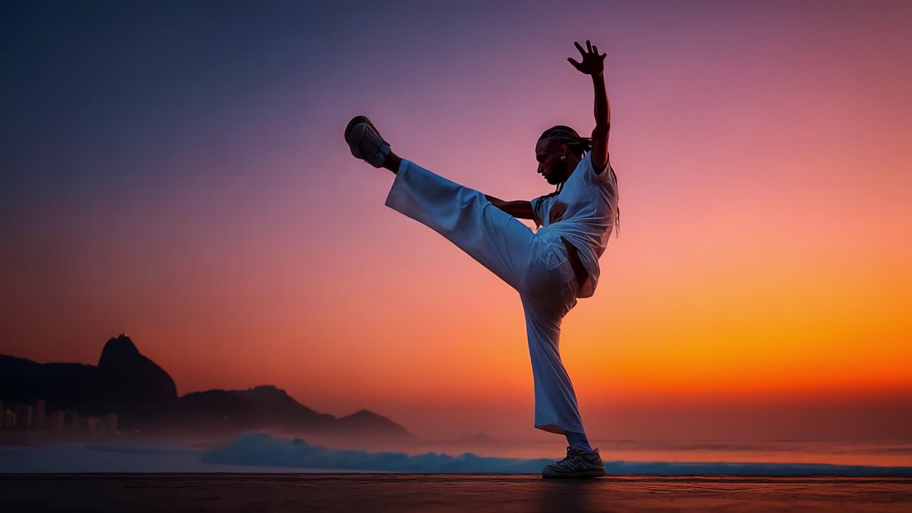 A Dancer in Motion Against a Stunning Sunset at the Beach, Capturing the Grace and Energy of Movement with Vibrant Colors and a Beautiful Silhouette