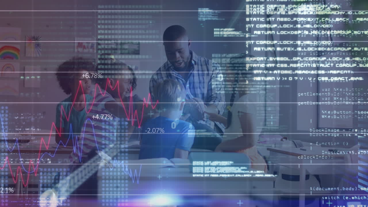 Animation of data processing over diverse schoolchildren with teacher