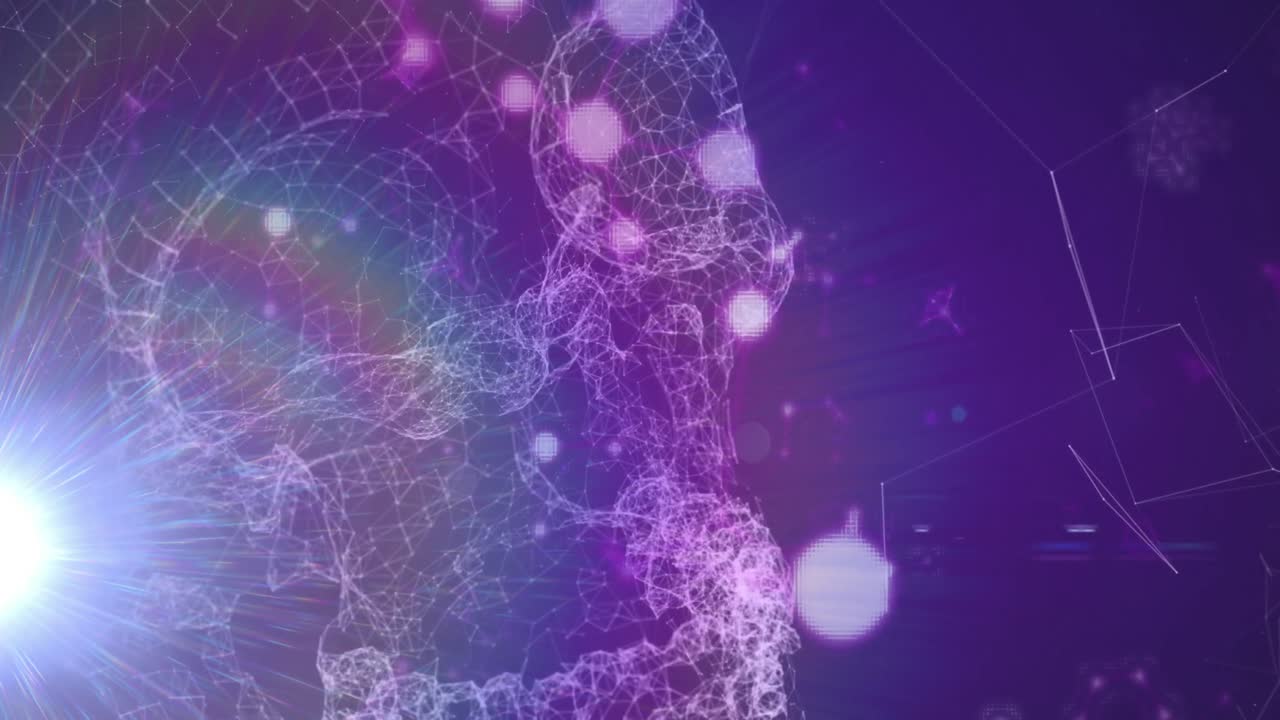 파란색 배경에 대한 연결 네트워크로 만들어진 빛의 반점과 두개골