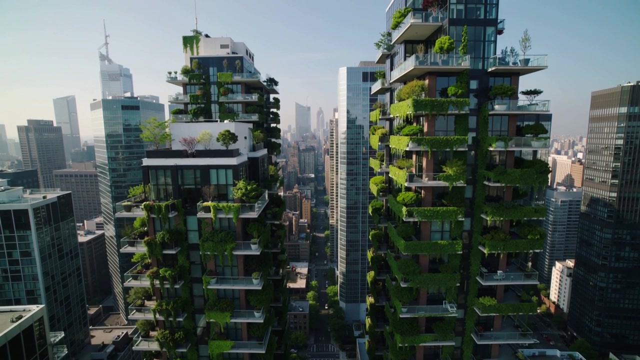 Dron despegando capturando torres gemelas verdes sobre un bulevar urbano, destacando jardineras en los balcones.