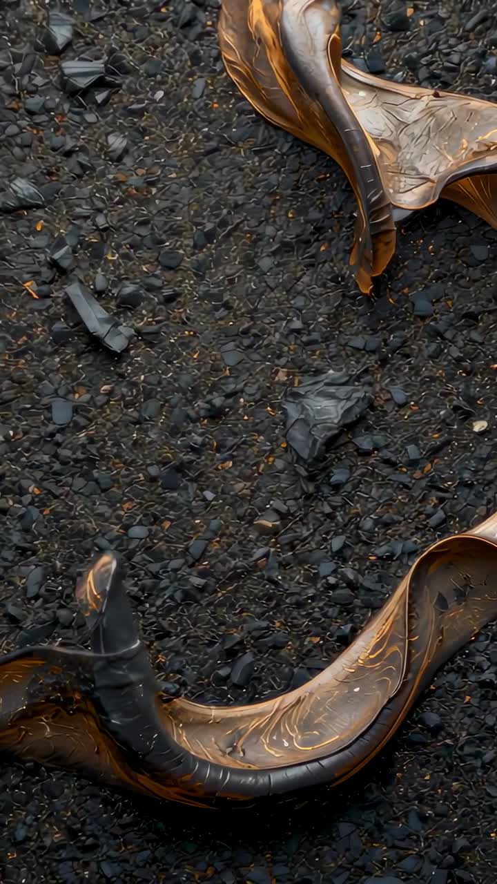 Vertical video: Shifting light nudging two glossy ribbons along macro dark grit, showing gold veins