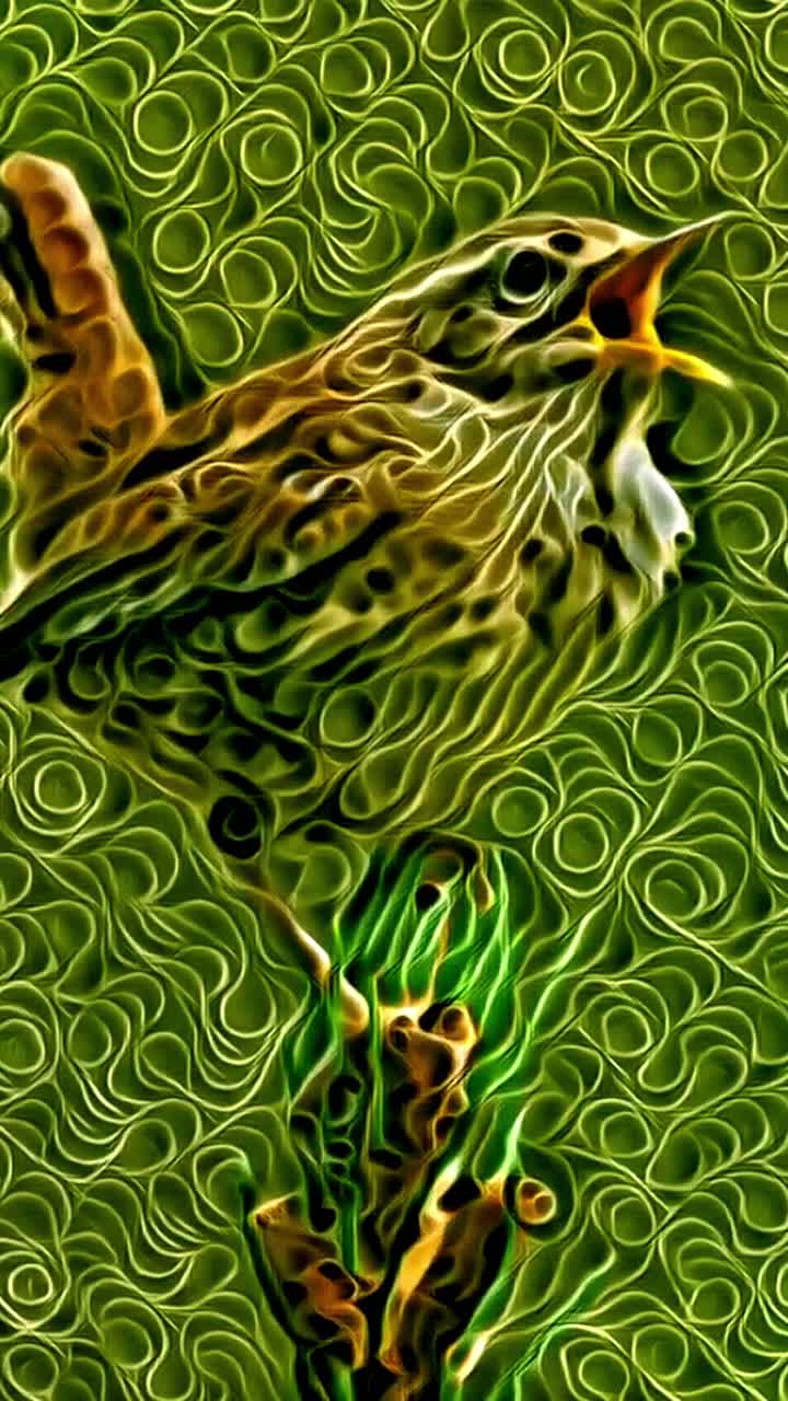 Animazione verticale astratta di un uccello scricciolo posato su un ramo con motivi a spirale verdi e vorticosi e texture artistiche.